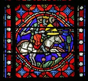 Window depicting Scene from the life of Saint Bonnet: King Aripert and his entourage going forth to meet the Baron by French School